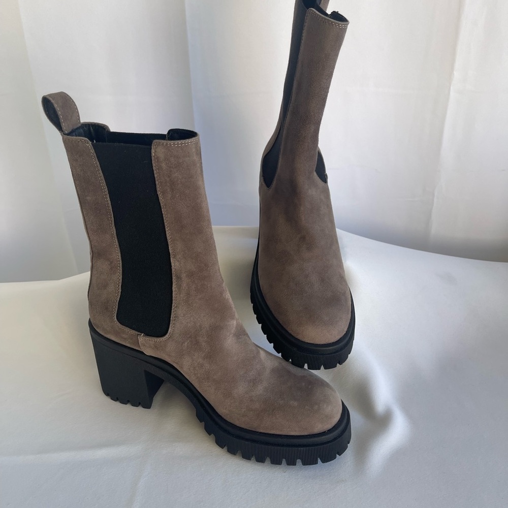 Women's Taupe Suede Chunky Chelsea Heeled Boots - Picture 11 of 13